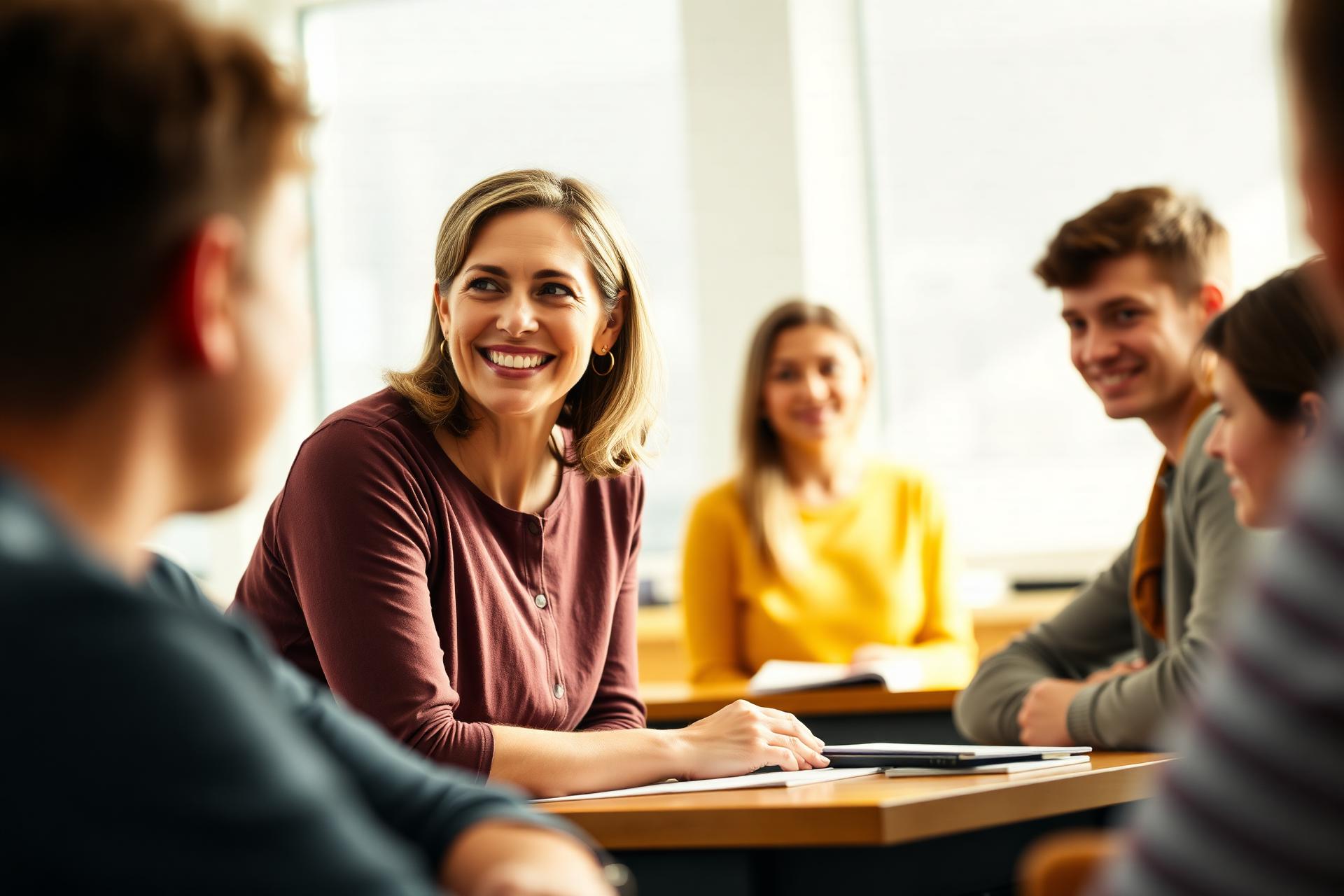 Teacher smiling and actively listening to a group of teenage students
